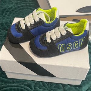 1.MSGM Kids Sneakers in Blue, Black, and Neon Yellow NB